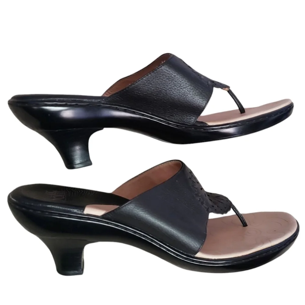 Sofft Sandals Black Womens 9.5 Heeled Thong Comfort Casual Leather Slide Sandal